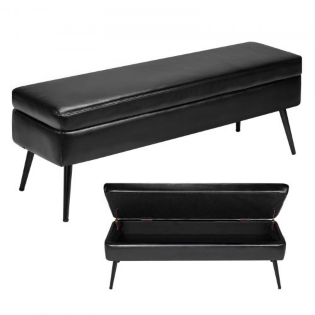 PU Leather Storage Bench with Iron Legs, Soft-Close Lid and Hidden Compartment